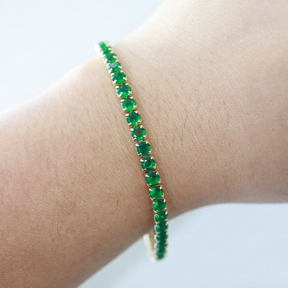 Green Emerald CZ Diamond Style Tennis Bracelet 18k Gold Plated Copper